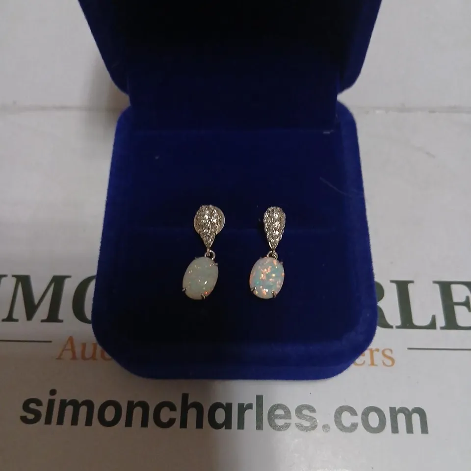 DIAMONIQUE 0.3CT TW SIMULATED OVAL OPAL DROP EARRINGS STERLING SILVER 