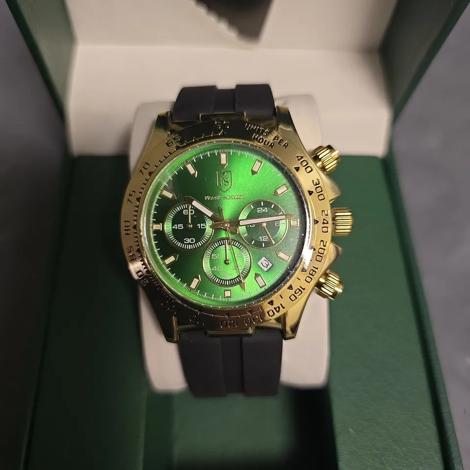 FRANK SCHMIDT GREEN DIAL GENTS WATCH WITH BLACK RUBBER STRAP IN BOX