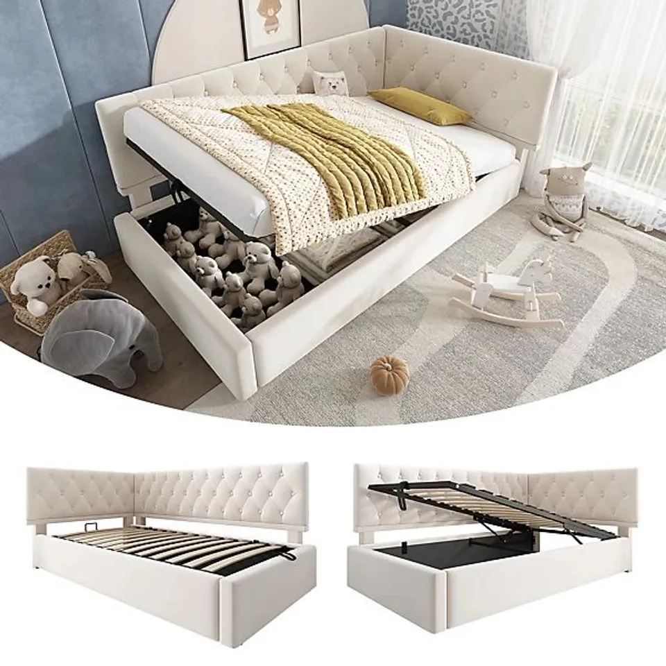 BOXED 3FT DAYBED SOFA BED WITH OTTOMAN VELVET - BEIGE (2 BOXES)