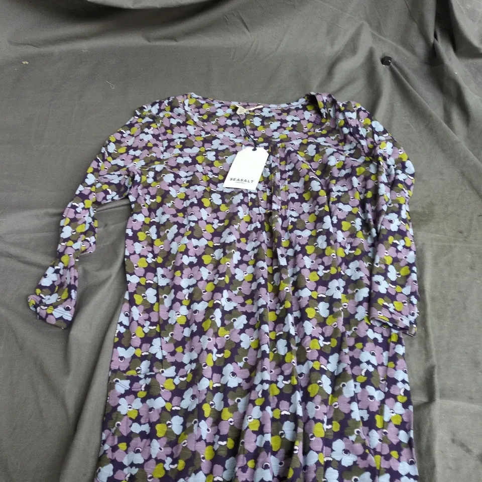 SEASALT CORNWALL WOMEN'S BUSY LIZZY TUNIC DRESS – FLORAL PURPLE, ORGANIC COTTON, UK 12