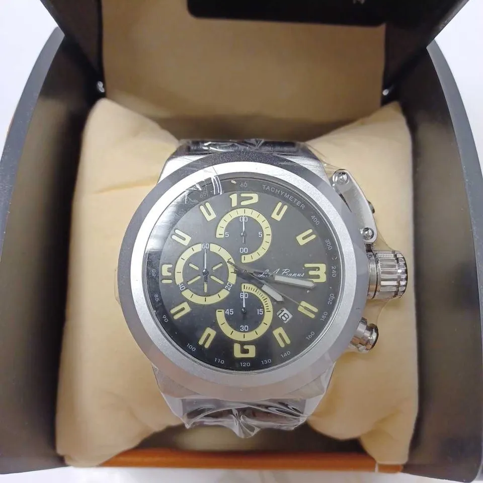 LA BANUS TRIPLE DIAL TACHYMETER LEATHER STRAP WRISTWATCH 