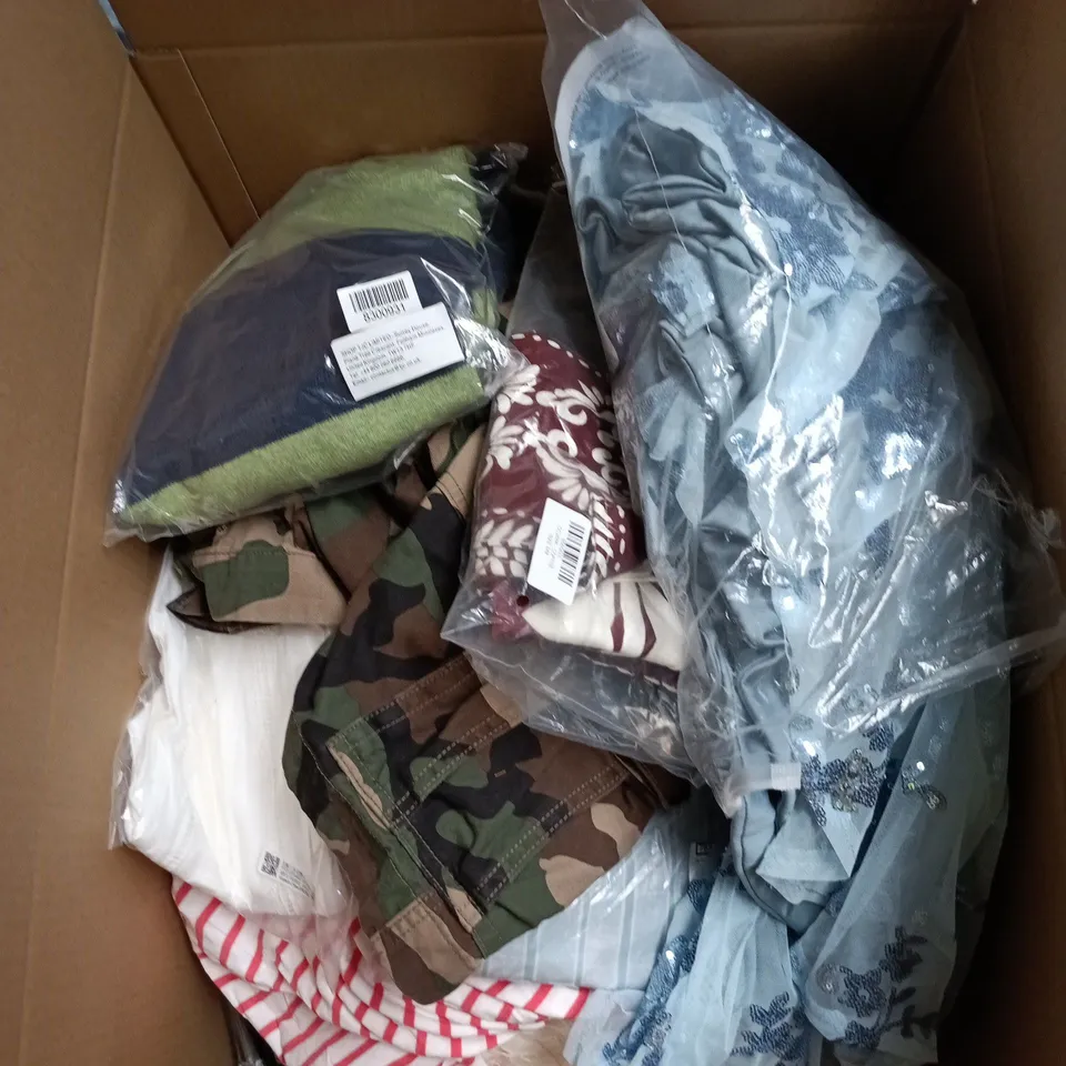 BOX OF APPROXIMATELY 10 ASSORTED CLOTHING ITEMS IN VARIOUS COLOURS, STYLES AND SIZES