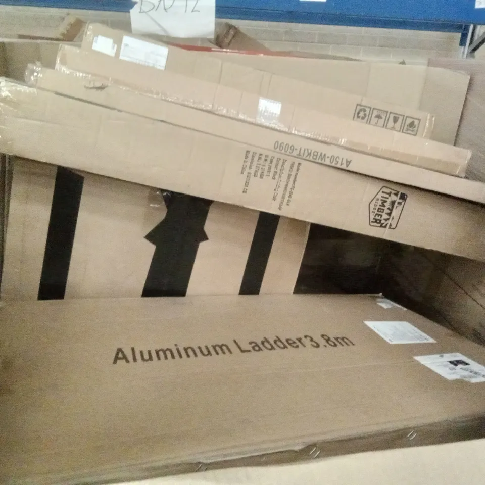 PALLET OF ASSORTED ITEMS INCLUDING WHITE CHRISTMAS TREE, FOLDING CHAIR, ALUMINIUM FRAME WHITE BOARD, ALUMINIUM LADDER 3.8M, TIMBER RIDGE FOLDING CHAIR, DESKTOP SIT-STAND WORKSTATION 