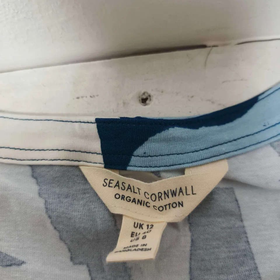 SEASALT CORNWALL WOMEN'S ORGANIC COTTON DRESS - BLUE GEOMETRIC PATTERN UK 12