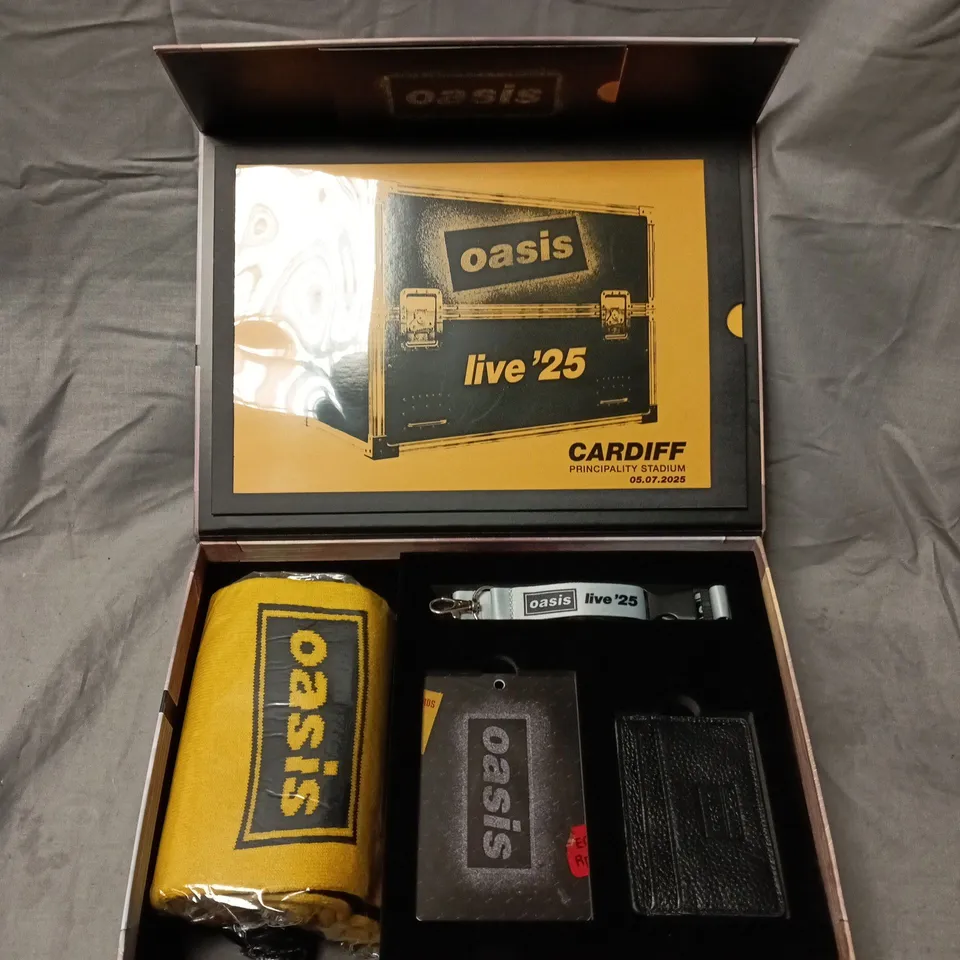 OASIS LIVE '25 CARDIFF MEMORABILIA BOX SET – TOUR BOX WITH POUCH AND ACCESSORIES