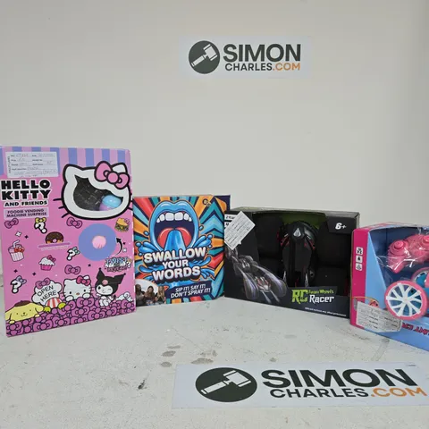 BOX OF APPROXIMATELY 10 ASSORTED TOYS INCLUDING HELLO KITTY AND FRIENDS FOODIE VENDING MACHINE SURPRISE, SWALLOW YOUR WORDS AND 360 RC STUNT CAR