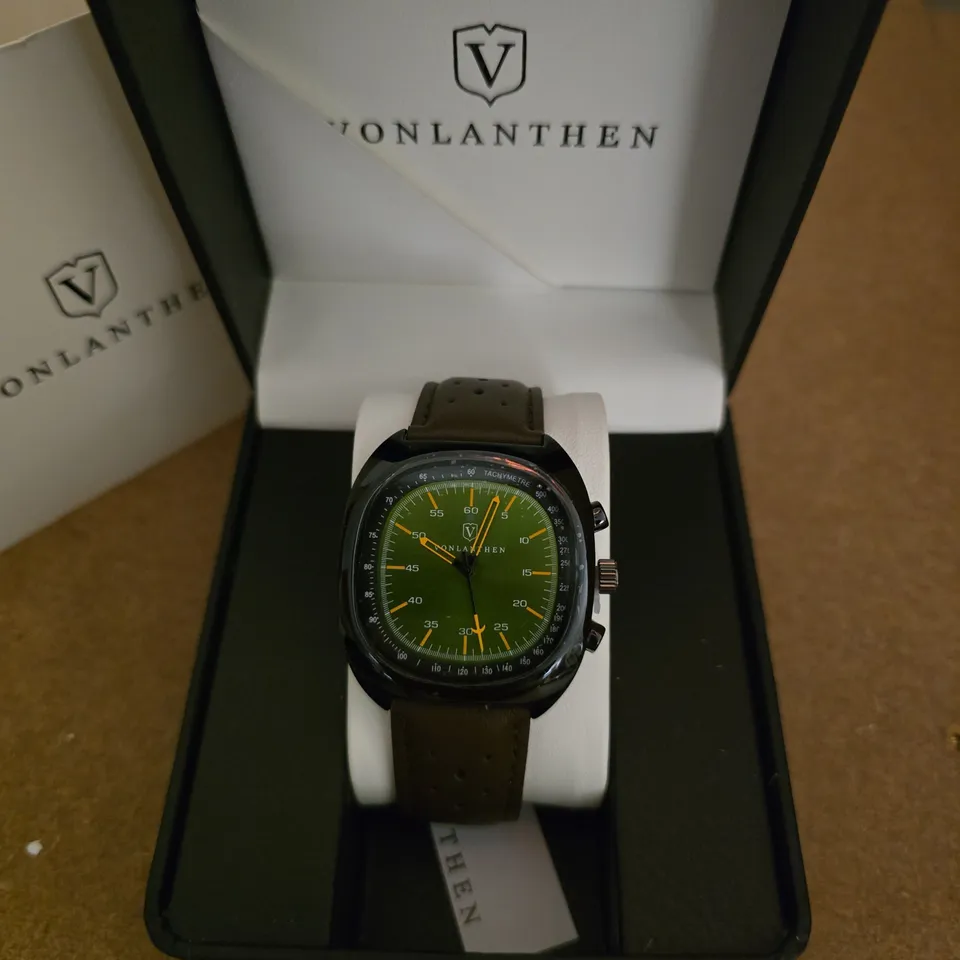 VONLANTHEN WRISTWATCH WITH GREEN DIAL AND BROWN LEATHER STRAP – IN PRESENTATION BOX