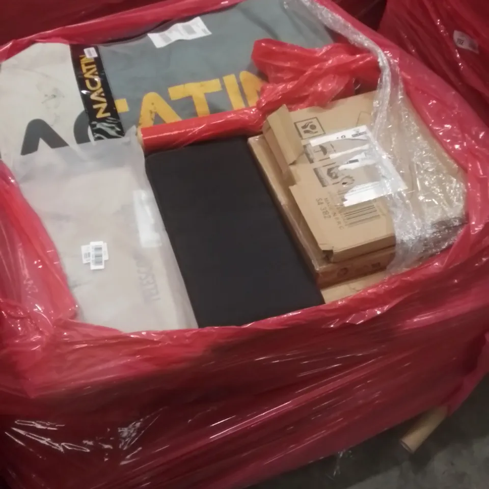 PALLET OF ASSORTED HOUSEHOLD GOODS AND FURNITURE TO INCLUDE;NACATIN INFLATABLE BOARD,PIPISHELL TOILET SEAT, FOLDABLE MAT ETC  