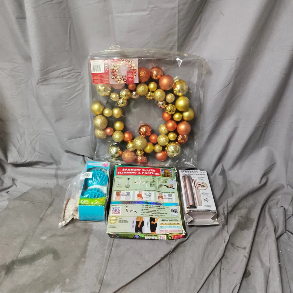 BOX OF APPROXIMATELY 20 ASSORTED HOUSEHOLD ITEMS INCLUDING FESTIVE BAUBLES, ECO WASHING BALLS, SLIMMING AND POSTURE SHAPER, EYEBROW PEN ETC