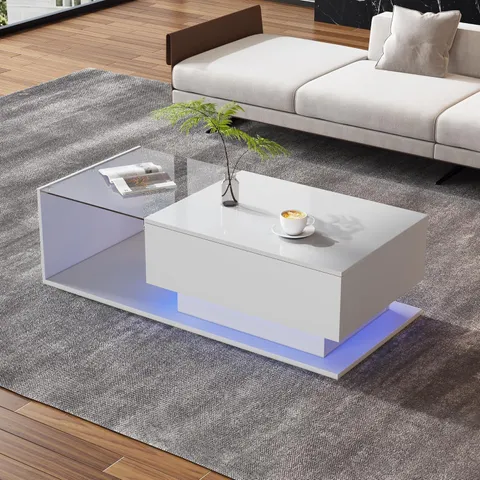 BOXED MODERN LED COFFEE TABLE - HIGH - GLOSS WHITE WITH TEMPERED GLASS 