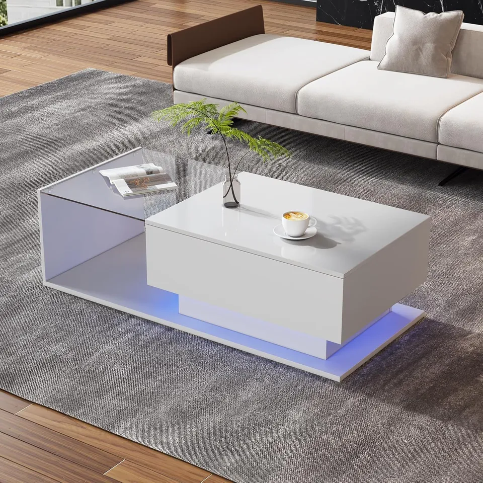 BOXED MODERN LED COFFEE TABLE - HIGH - GLOSS WHITE WITH TEMPERED GLASS 