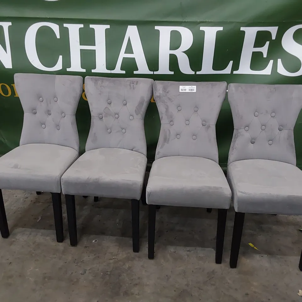SET OF FOUR UPHOLSTERED BUTTONED RING BACK DINING CHAIRS GREY PLUSH FABRIC ON BLACK LEGS