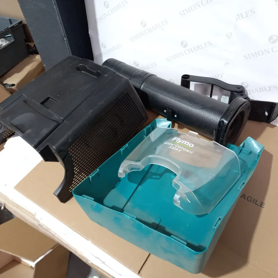 BOX OF ASSORTED GARDEN TOOL PARTS TO INCLUDE LAWNMOWER GRASS COLLECTOR PARTS, DESIGNER GARDEN BLOWER PART, RYOBI LAWNMOWER GRASS COLLECTOR ETC