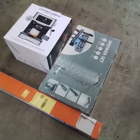 PALLET OF ASSORTED HOUSEHOLD GOODS AND PRODUCTS TO INCLUDE, CHEFMAN CRAFTBREW ESPRESSO MACHINE, SHOWER SET,RETRACTABLE SAFETY GATE, CEILING FAN WITH LIGHT AND OTHER ASSORTED ITEMS...