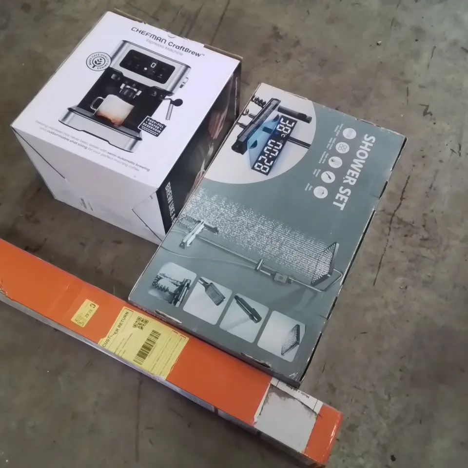 PALLET OF ASSORTED HOUSEHOLD GOODS AND PRODUCTS TO INCLUDE, CHEFMAN CRAFTBREW ESPRESSO MACHINE, SHOWER SET,RETRACTABLE SAFETY GATE, CEILING FAN WITH LIGHT  AND OTHER ASSORTED ITEMS...