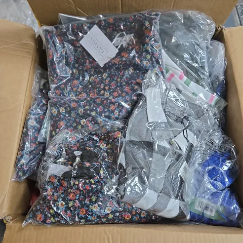 BOX OF APPROXIMATELY 25 ASSORTED CLOTHING ITEMS IN VARIOUS STYLES , COLOURS AND SIZES 