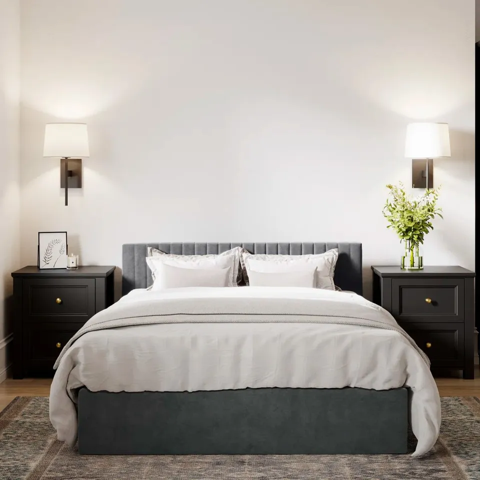 BOXED HUCKSLEY UPHOLSTERED DOUBLE BED FRAME (2 BOXES)