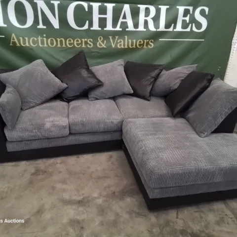 DESIGNER CHAISE SOFA WITH SCATTER CUSHIONS BLACK FAUX LEATHER & GREY JUMBO CHORD