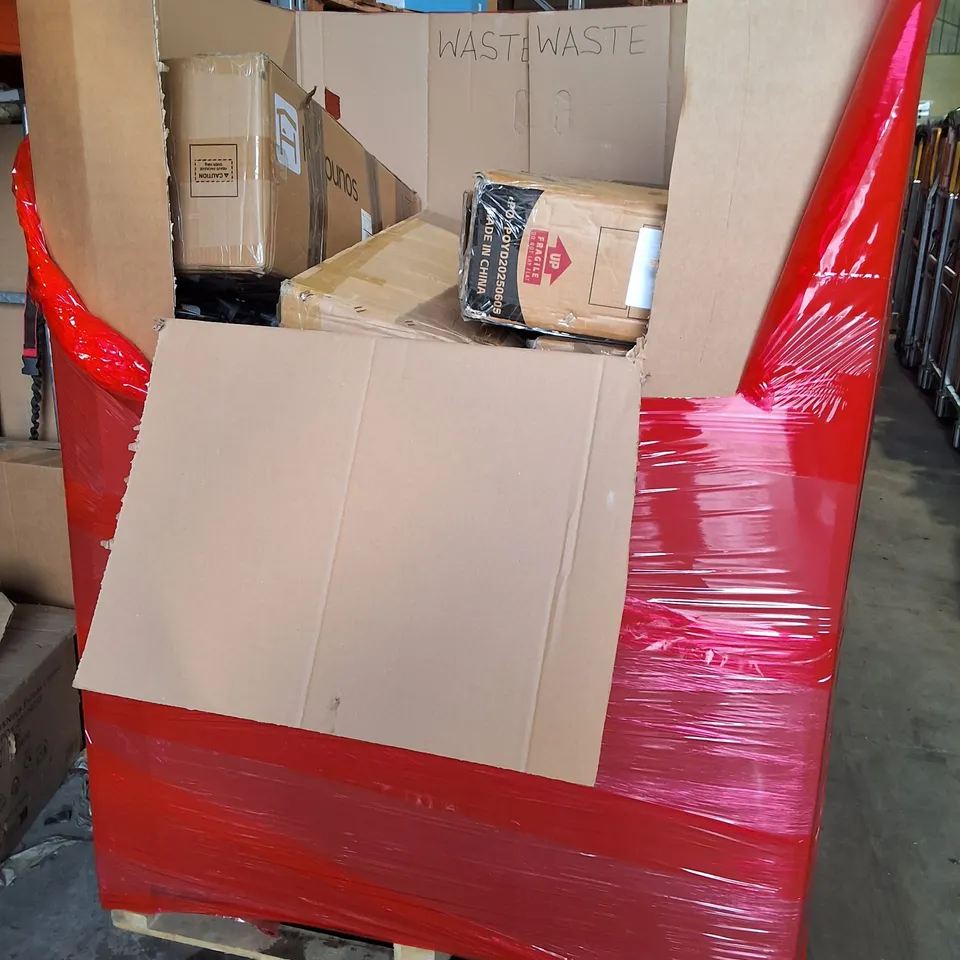 PALLET OF ASSORTED HOUSEHOLD ITEMS TO INCLUDE BOXED OFFICE CHAIR, GIBBON BALANCE BOARD AND CHANDELIER 