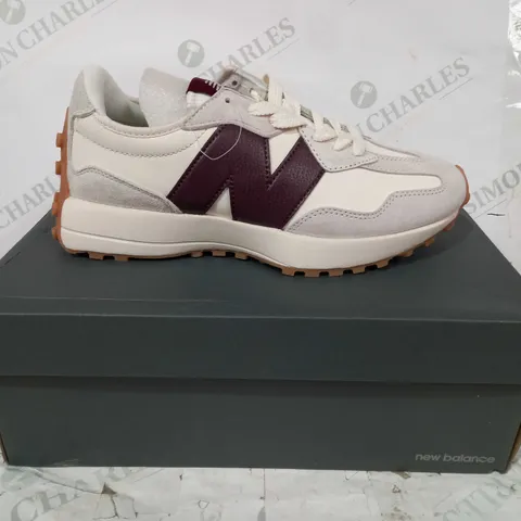 BOXED PAIR OF NEW BALANCE 327 SHOES IN CREAM/BROWN UK SIZE 6.5