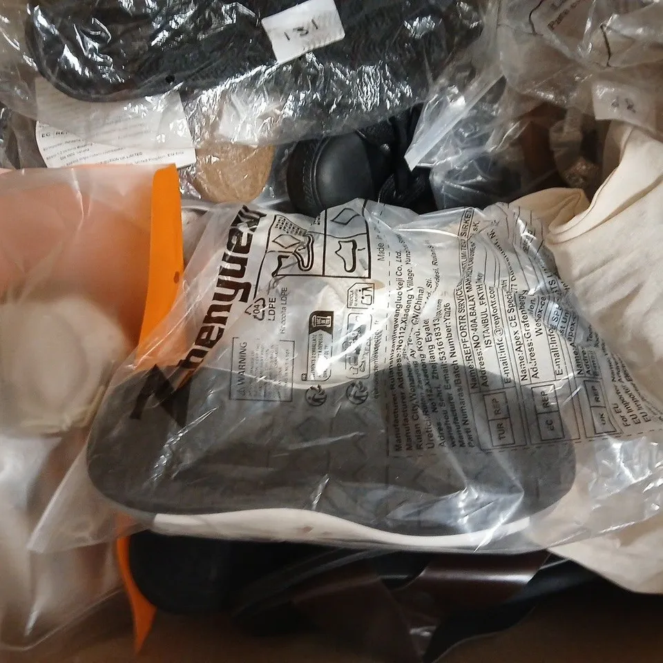 BOX OF APPROXIMATELY 15 ASSORTED PAIRS OF SHOES AND FOOTWEAR ITEMS IN VARIOUS COLOURS, STYLES, AND SIZES - COLLECTION ONLY