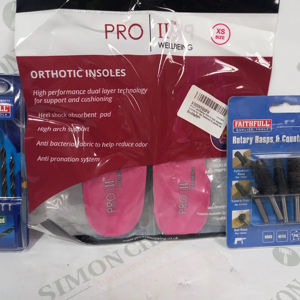 LOT OF APPROXIMATELY 10 ASSORTED HOUSEHOLD ITEMS TO INCLUDE ROTARY RASPS & COUNTERSINK, ORTHOTIC INSOLES, LIP & SPUR WOOD DRILL BIT SET, ETC
