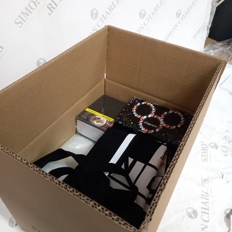 box of approximately 10 items to include book safe, knonew lights, bags etc