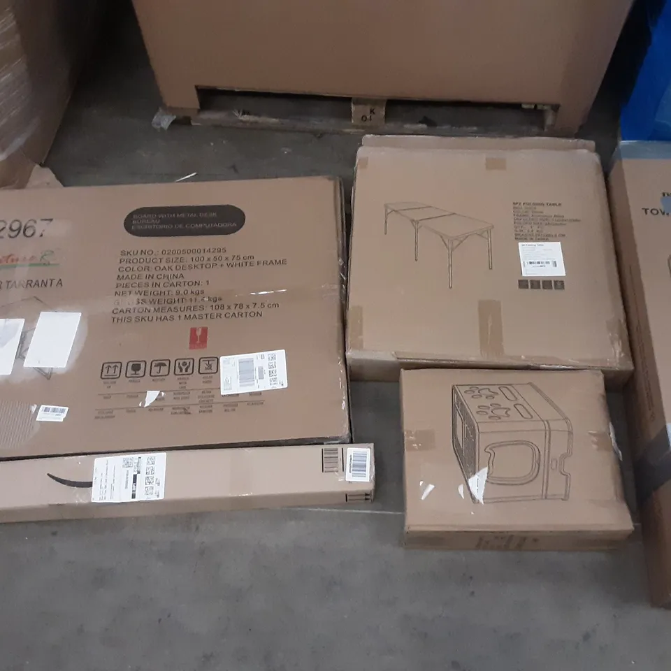 PALLET OF ASSORTED PRODUCTS INCLUDING 6FT FOLDING TABLE, TOWER FAN, CAT LITTER BOX, OAK DESKTOP + WHITE FRAME, NORTHERN STONE AEROBIC STEP, POP UP GAZEBO