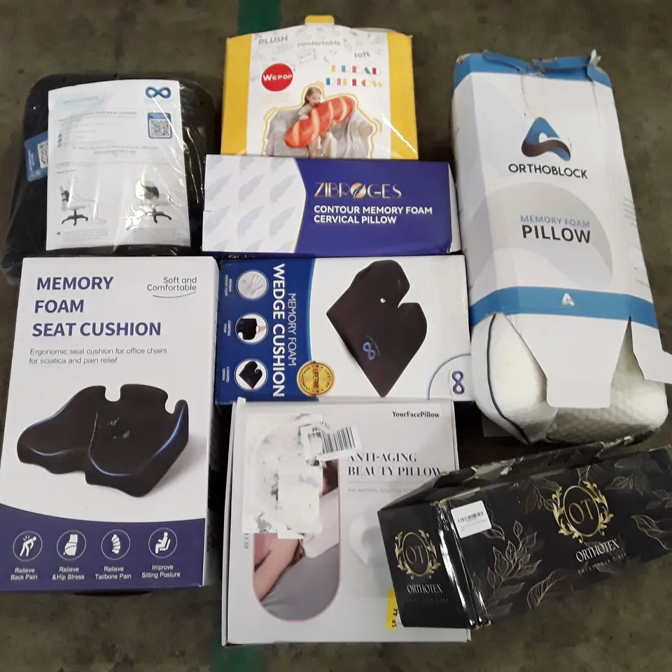 PALLET CONTAINING ASSORTED PILLOWS & CUSHIONS INCLUDING MEMORY FOAM SEAT CUSHION, BREAD PILLOW, ANTI-AGING BEAUTY PILLOW, CERVICAL PILLOW, BACK CUSHION
