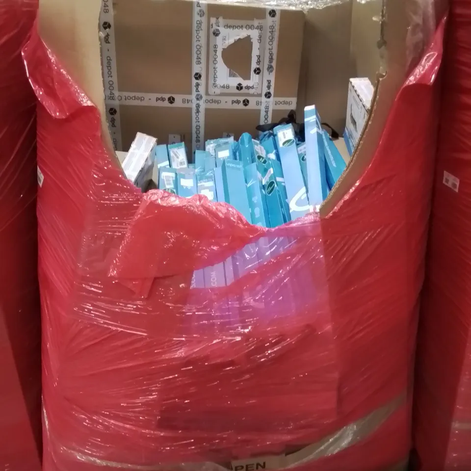PALLET CONTAINING VARIOUS ASSORTED BOXED HOUSEHOLD ITEMS TO INCLUDE: WINDSCREEN WIPPER BLADES, BUG SALT GUN AND LOTS MORE UNMARKED BOXED ITEMS 