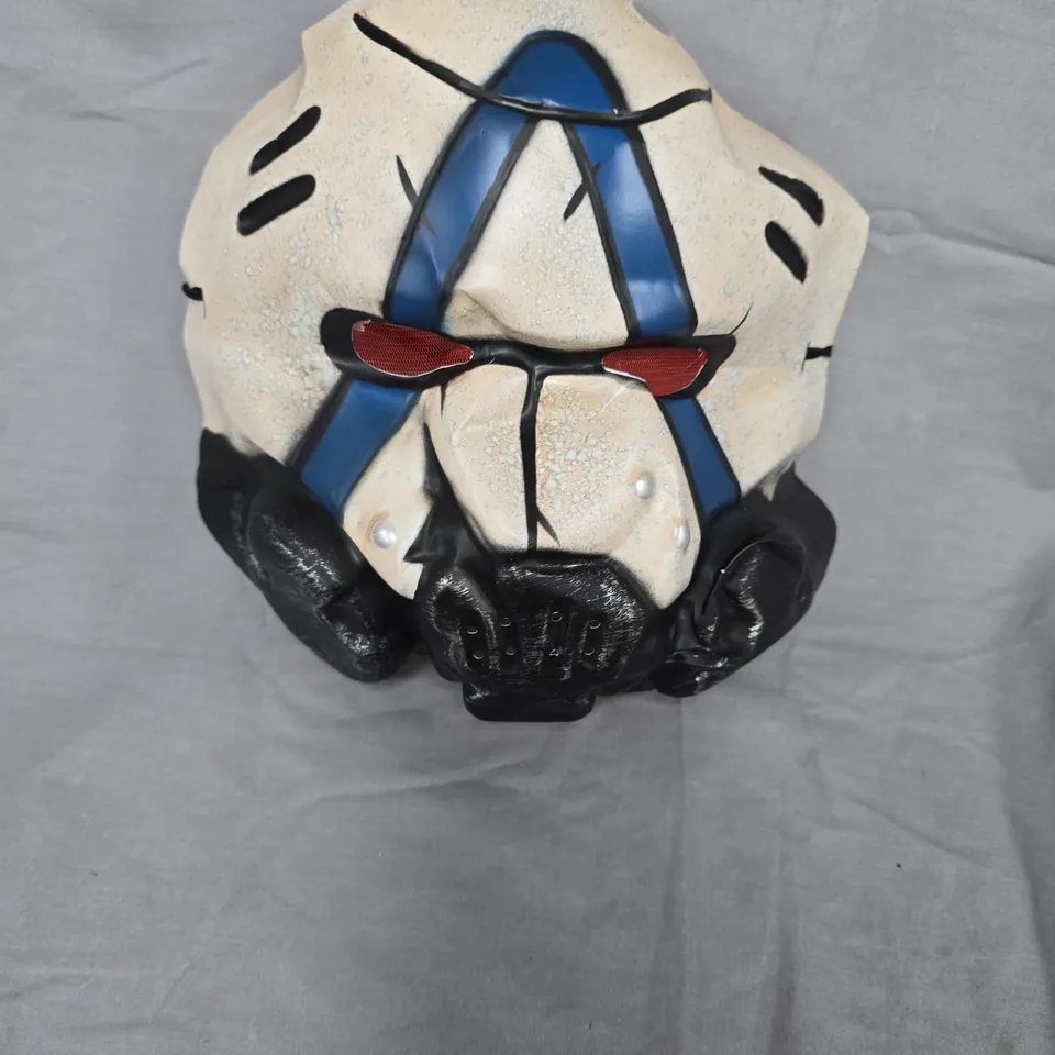 WHITE COSPLAY MASK WITH BLUE MARKINGS AND RED EYE ACCENTS