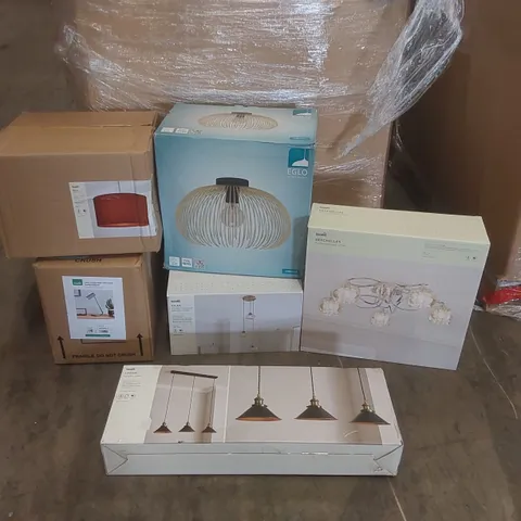 PALLET TO CONTAIN A VERY LARGE QUANTITY OF DESIGNER INDOOR LIGHTING PRODUCTS TO INCLUDE: CEILING LIGHTS, DESK LAMP, DRUM SHADE ECT