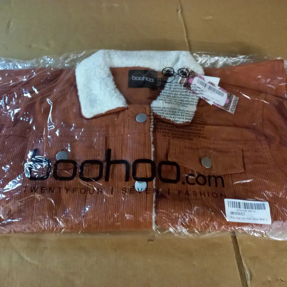 BOOHOO BORG LONG LINE CORD JACKET IN RUST - 8