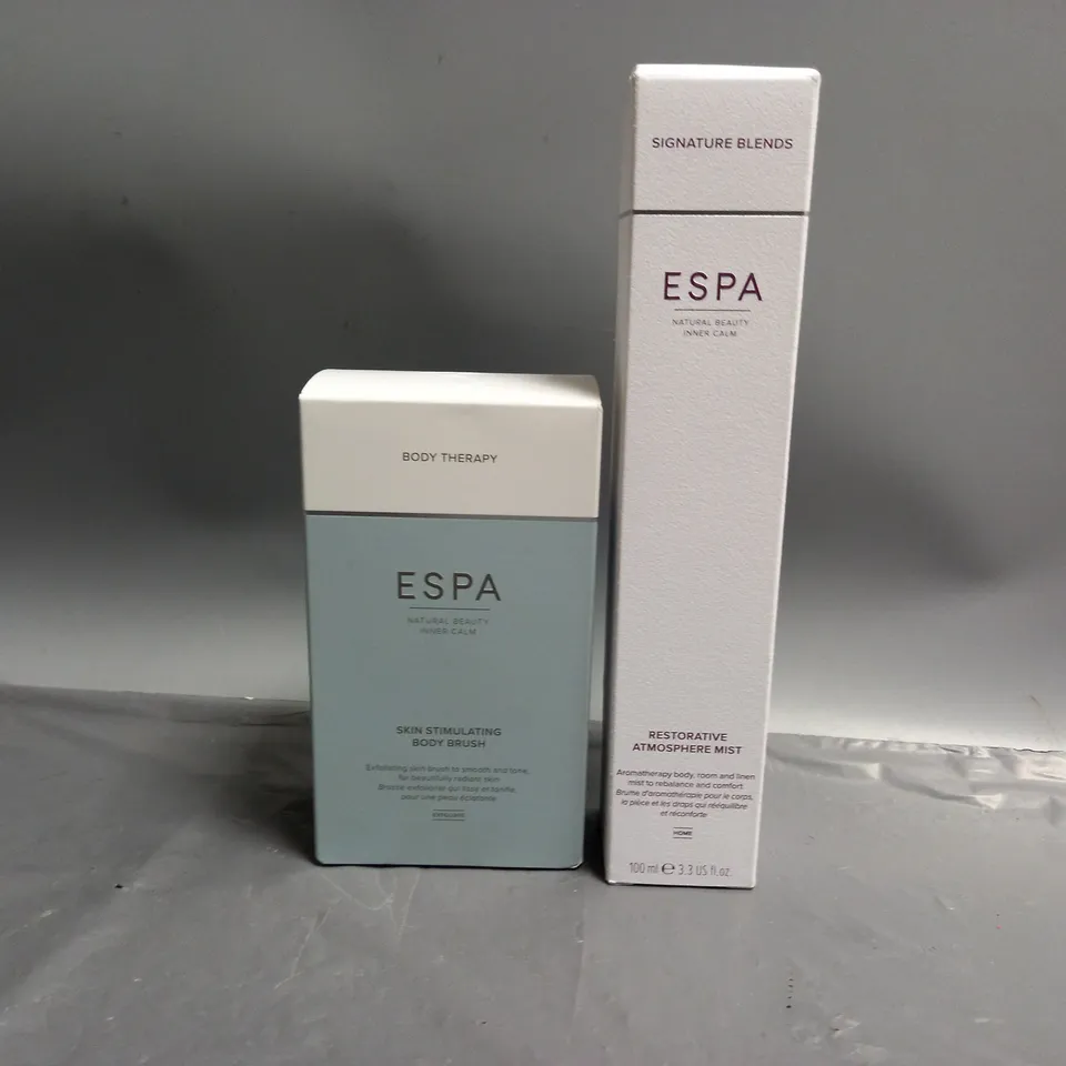 2 BOXED ESPA BEAUTY PRODUCTS  TO INCLUDE RESTORATIVE ATMOSPHERE MIST 100ML, SKIN SIMULATING BODY BRUSH 