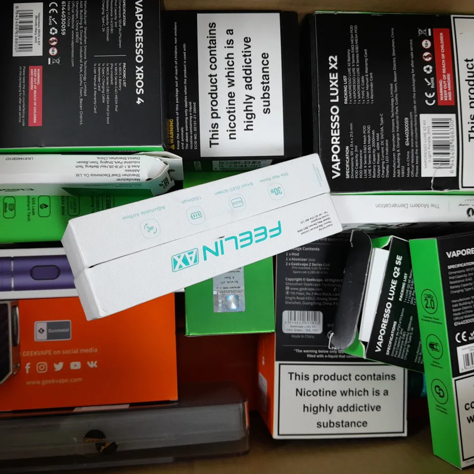 BOX OF APPROXIMATELY 20 ASSORTED E-CIGARETTE/VAPING PRODUCTS - MAKES, MODELS, COLOURS, AND STYLES VARY - COLLECTION ONLY