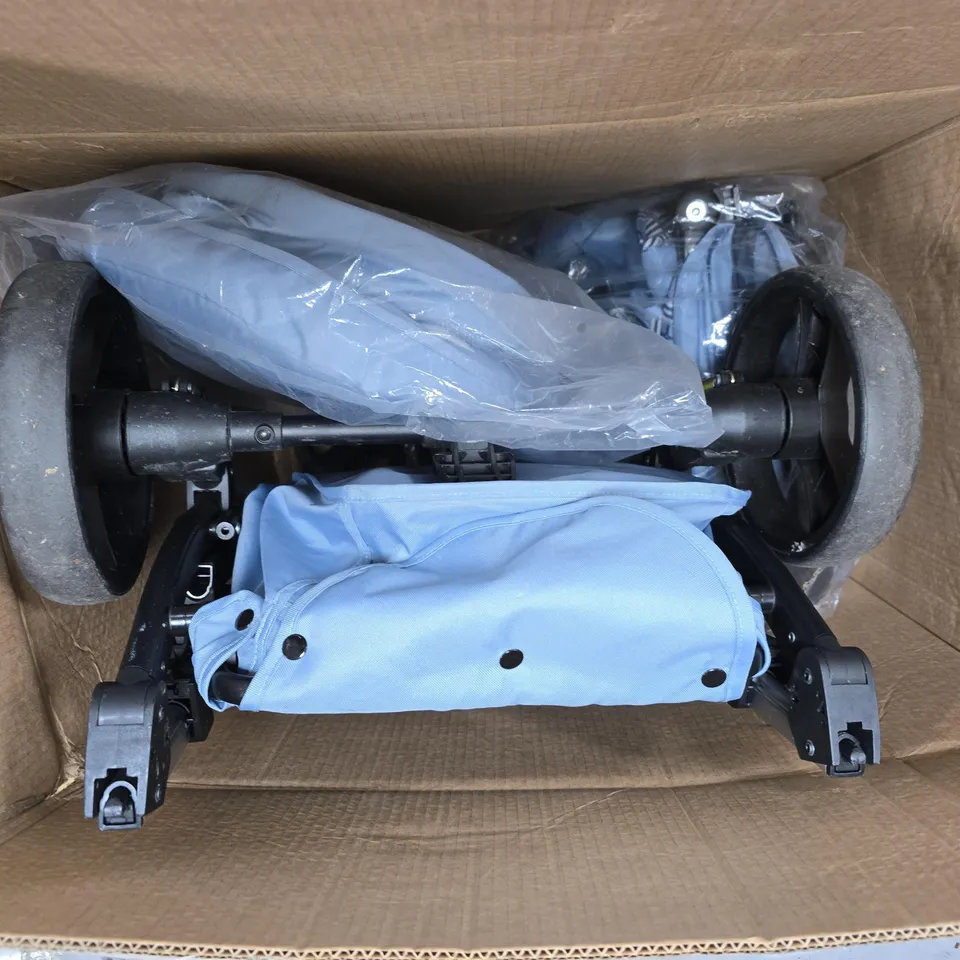 PUSHCHAIR / PRAM FRAME WITH BLUE FABRIC SEAT – BOXED