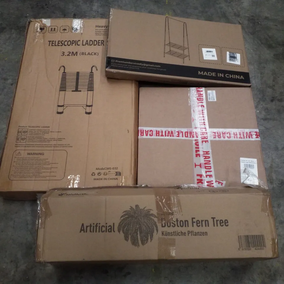 PALLET CONTAINING ASSORTED PRODUCTS INCLUDING ARTIFICIAL FERN TREE, TELESCOPIC LADDER 3.2M, PICTURE FRAMES & COAT RACK WITH SHOE STORAGE