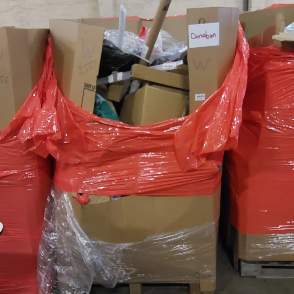 PALLET TO CONTAIN ASSORTED HOUSEHOLD ITEMS AND CONSUMER PRODUCTS. INCLUDING CHRISTMAS TREE, TOILET SEAT, BOXED FURNITURE ETC