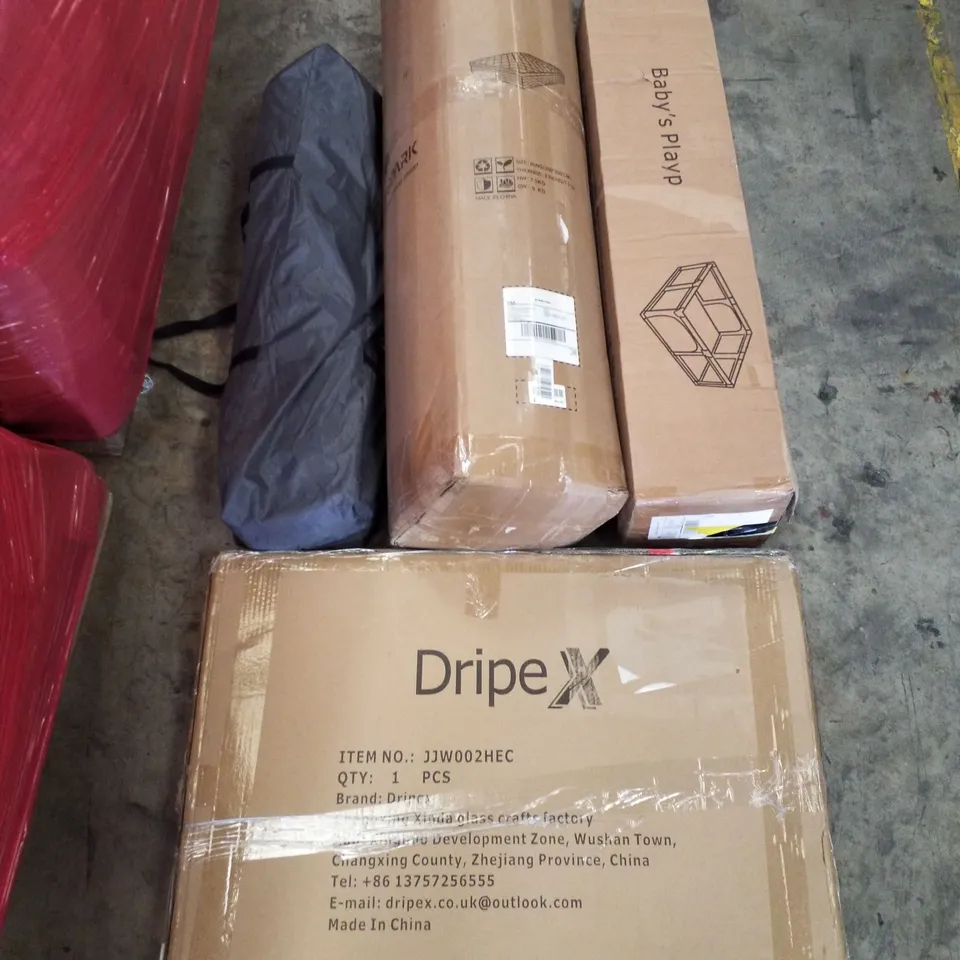 PALLET CONTAINING ASSORTED PRODUCTS INCLUDING BABTS PLAYPEN, MATTRESS TOPPER,CAMPING TENT & CLOTHES AIRER 