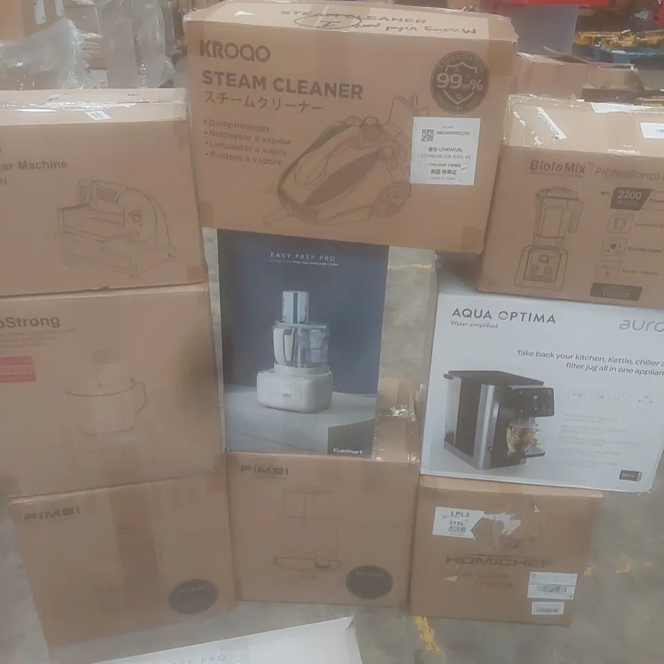 PALLET OF ASSORTED HOUSEHOLD GOODS AND PRODUCTS TO INCLUDE; FOOD SLICER, BLENDERS, FOOD PROCESSORS, STEAM CLEANER ETC