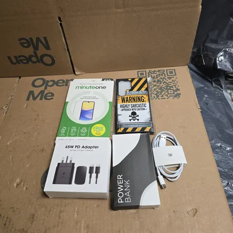 TOTE OF APPROXIMATELY 22 ASSORTED ITEMS TO INCLUDE PHONE CASES, POWER BANK, ADAPTER, CHARGE CABLES ETC