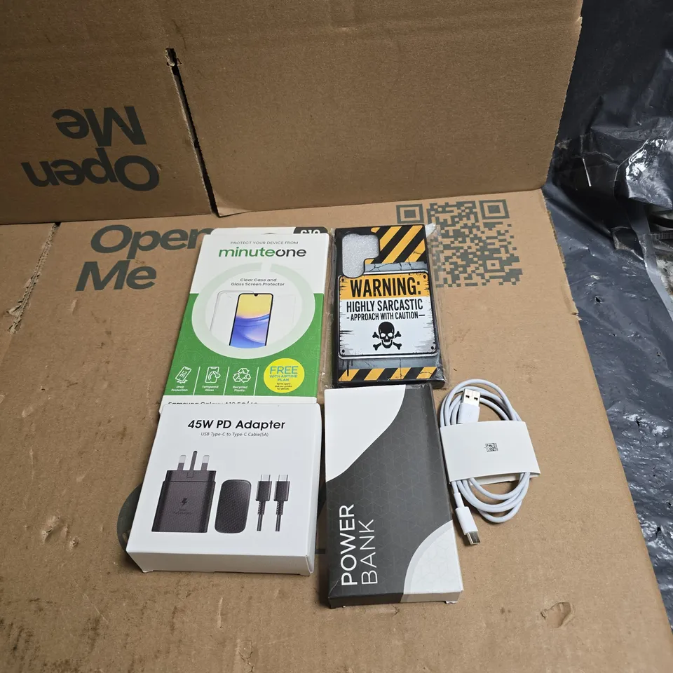 TOTE OF APPROXIMATELY 22 ASSORTED ITEMS TO INCLUDE PHONE CASES, POWER BANK, ADAPTER, CHARGE CABLES ETC