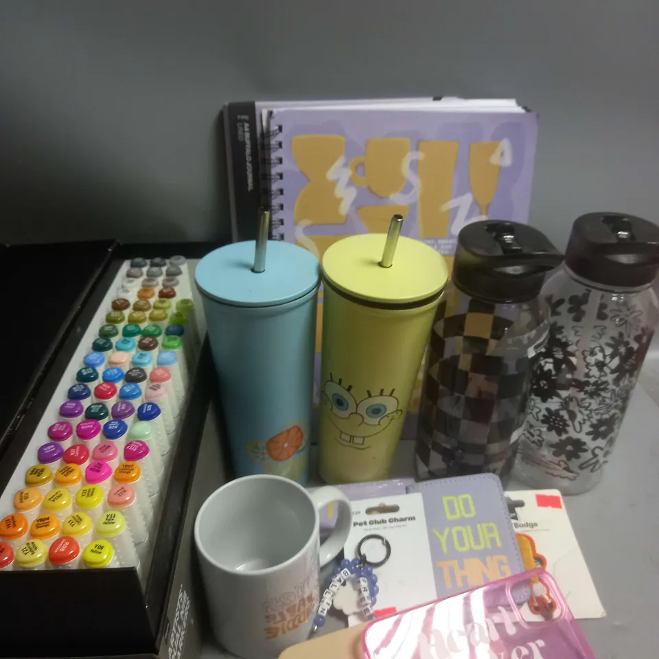 BOX OF APPROXIMATELY 12 ASSORTED CLOTHING ITEMS TO INCLUDE DUAL NIB MARKERS, BOTTLES, PHONE CASES ETC