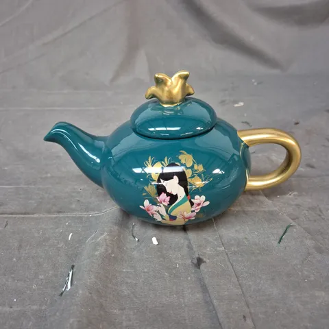 DISNEY MULAN TEAPOT - TEAL CERAMIC WITH GEISHA MOTIF, GOLD HANDLE AND LID