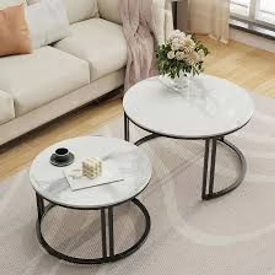 BOXED TUKAILAI COFFEE TABLES SET OF 2 NESTING TABLES ROUND COFFEE TABLES WITH METAL FRAME MODERN WHITE WOOD NEST OF TABLES FOR LIVING ROOM SIDE END TABLES FOR HOME OFFICE (1 BOX)