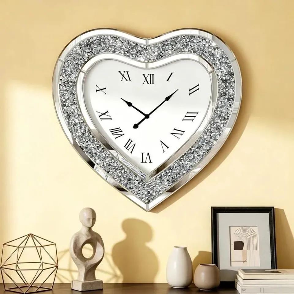 BOXED SHYFOY HEART SHAPED MIRRORED SILVER WALL CLOCK - SILVER