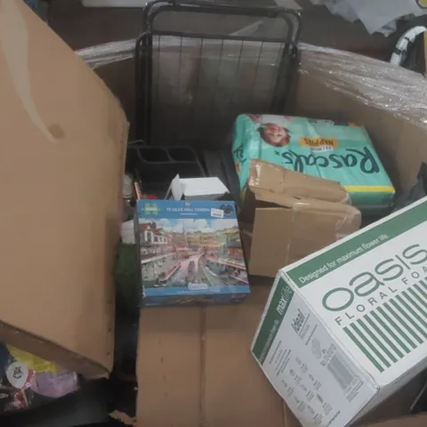 PALLET CONTAINING A VERY LARGE QUANTITY OF ASSORTED CONSUMER PRODUCTS INCLUDING: PAMPERS NAPPIES, LUMOCOLOUR PENS, JIGSAW, LAUNDRY BASKET ECT