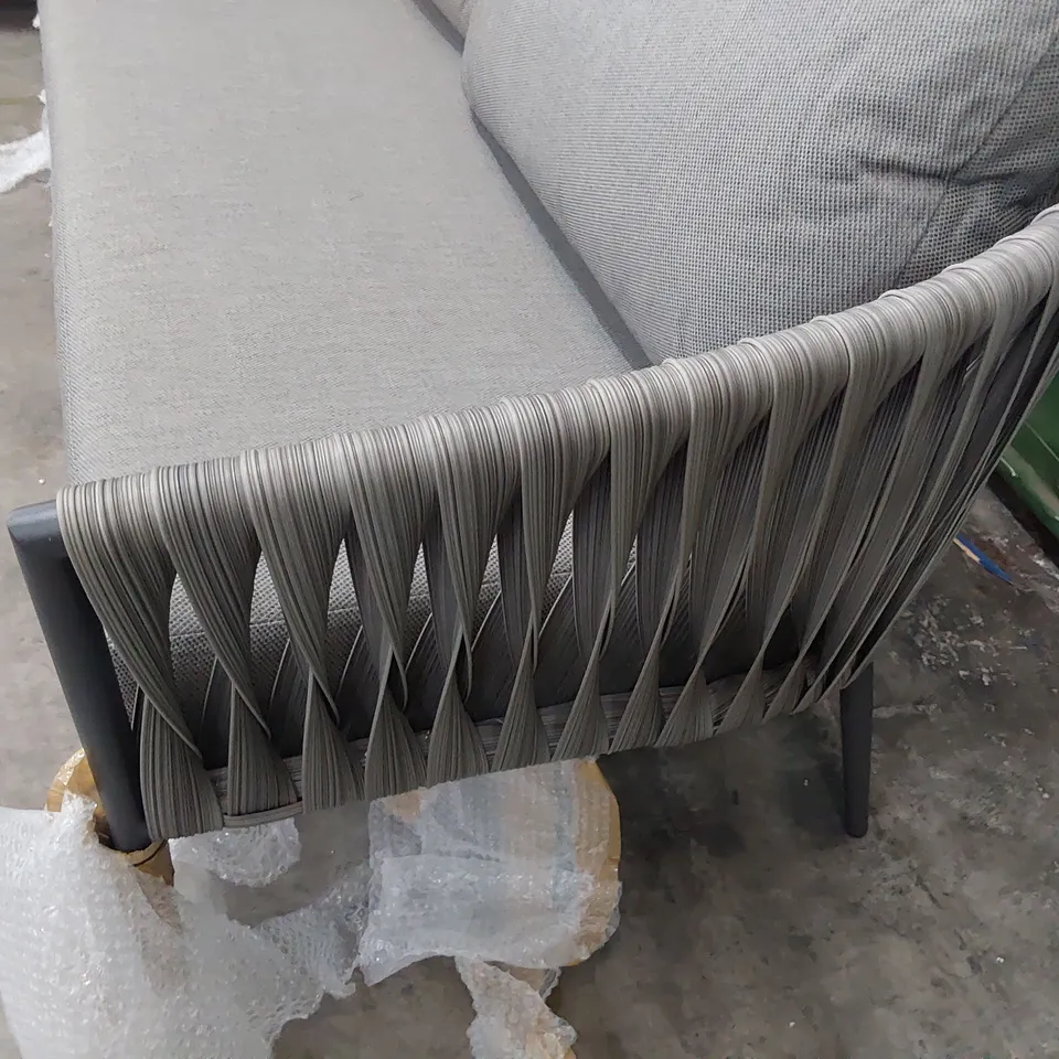 DESIGNER WOVEN REED EFFECT THREE SEATER PATIO SOFA WITH CUSHIONS 