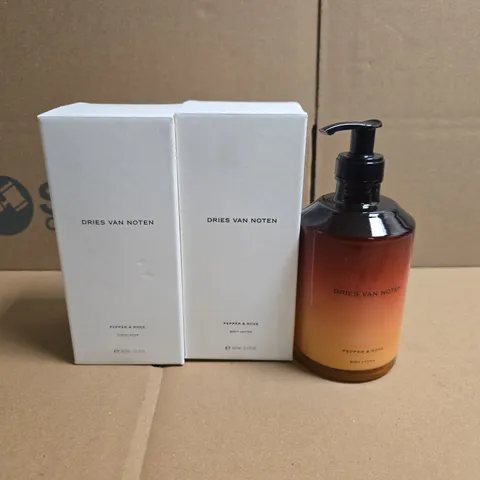 LOT OF 2 DRIES VAN NOTEN ITEMS INCLUDES 360ML PEPPER & ROSE BODY LOTION AND LIQUID SOAP