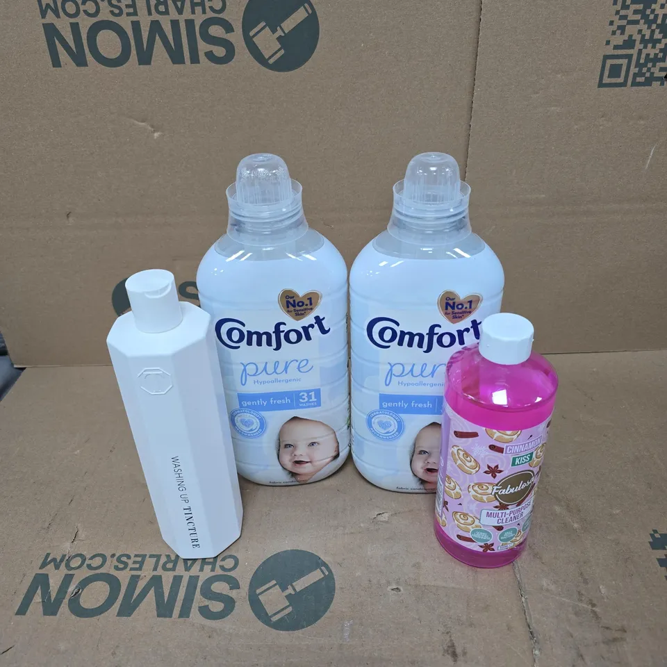 TOTE OF APPROXIMATELY 15 ASSORTED HOUSEHOLD ITEMS TO INCLUDE COMFORT PURE, FABULOSA, WASHING UP LIQUID ETC